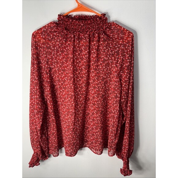 GAP Red & White Dainty Floral Chiffon Long Sleeve Mock Neck Ruffle Blouse M - Picture 1 of 11